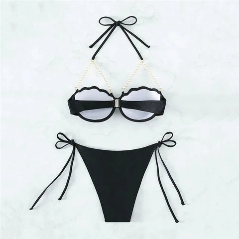 Sexy pearl Shell High Waist Bikinis Set Push Up Swimsuit Women Swimwear Drawstring Bathing Suit Brazilian Bikini Mujer Biquinis